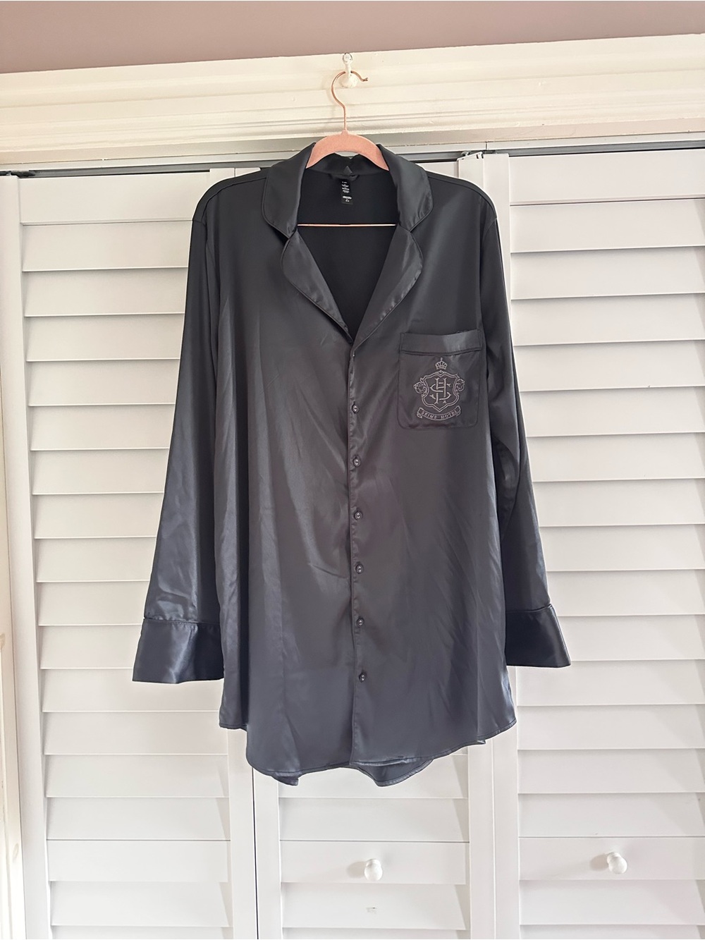 SKIMS Hotel Black Satin Button-Down Sleep Shirt